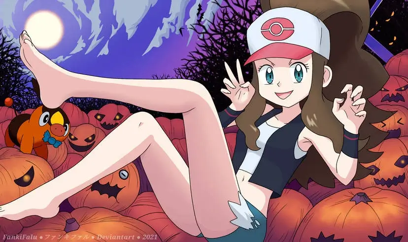 pokemon trainer art pumpkin lying girl cap long hair long legs hilda