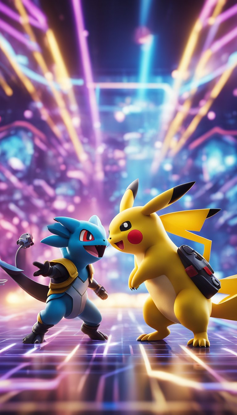 A dynamic battle scene with two Pokémon facing off in a virtual arena, surrounded by vibrant colors and electrifying effects. Pokemon Sword and shield emulation