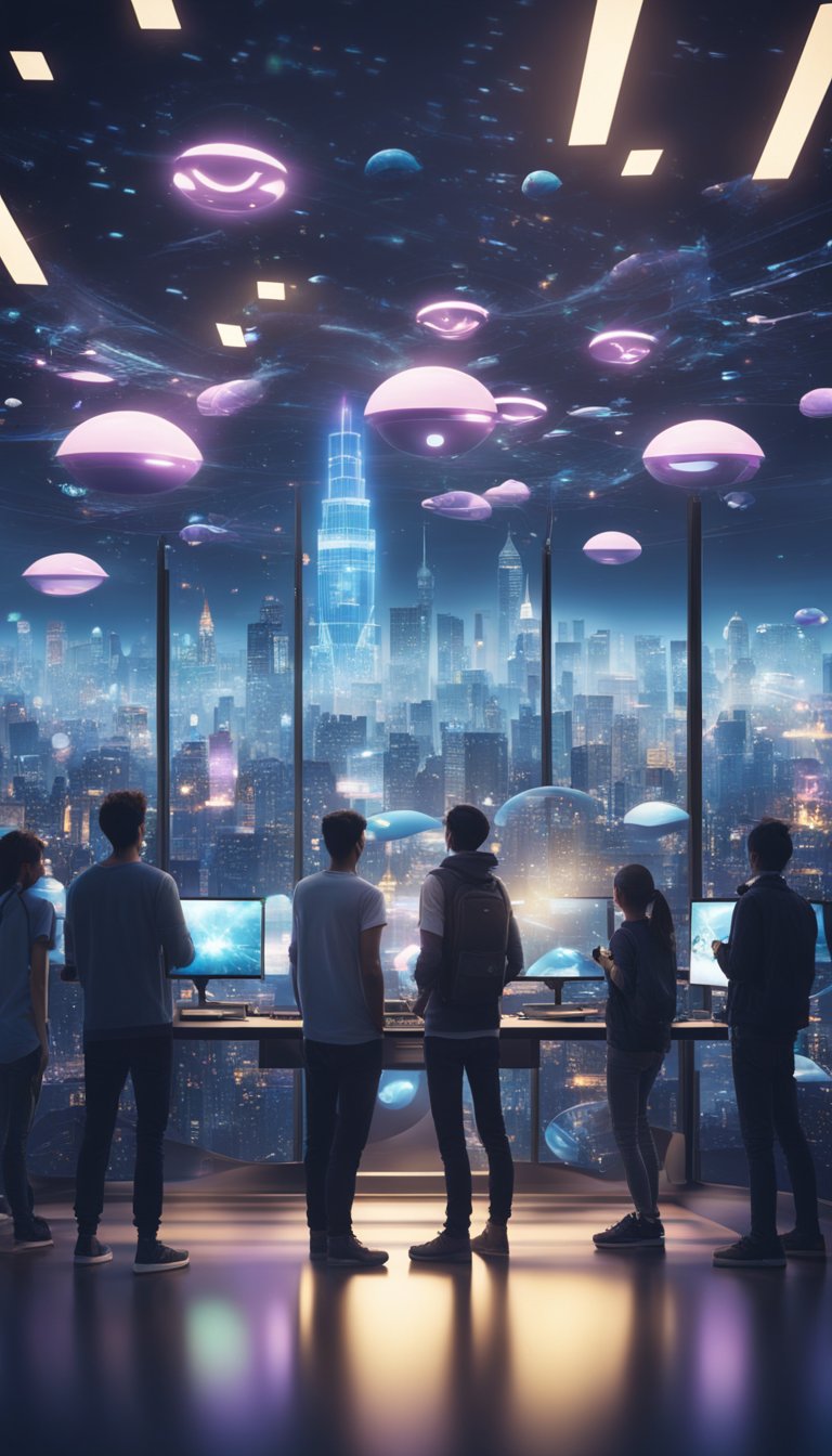 A futuristic city skyline with holographic Pokemon Sword and Shield emulation battles and people enjoying virtual reality gaming