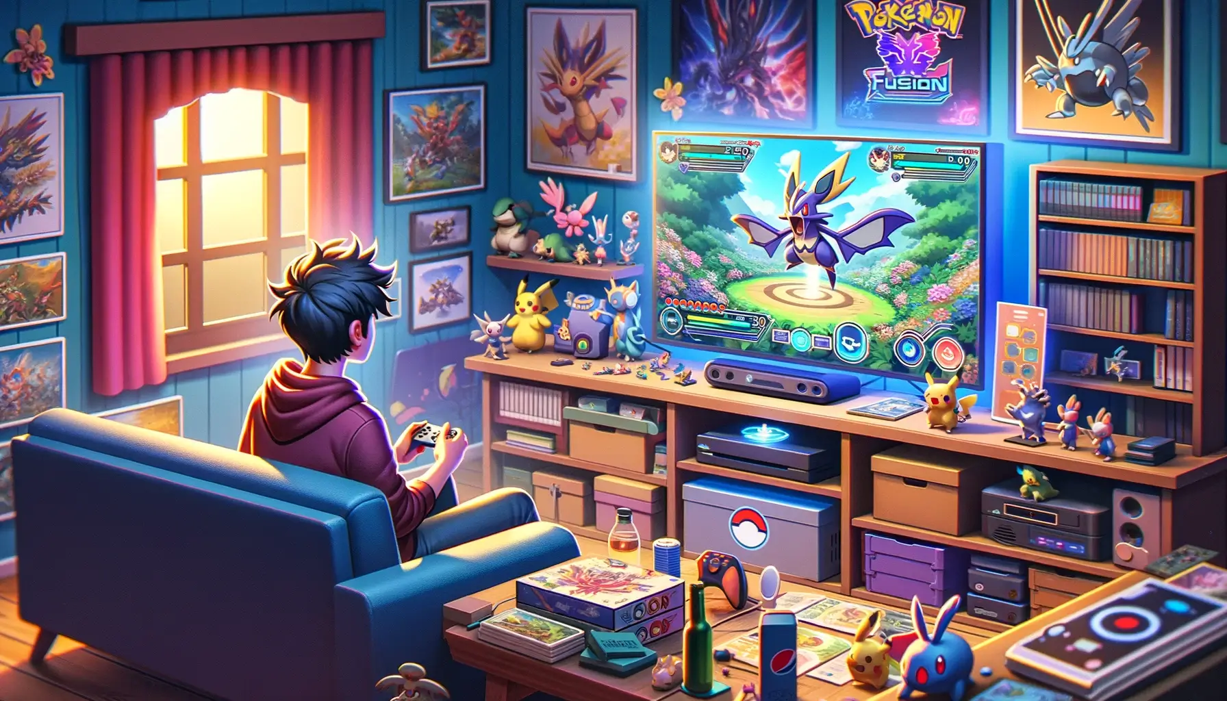 How to Play Pokemon Fusion. The image will depict a player sitting in a cozy gaming environment,