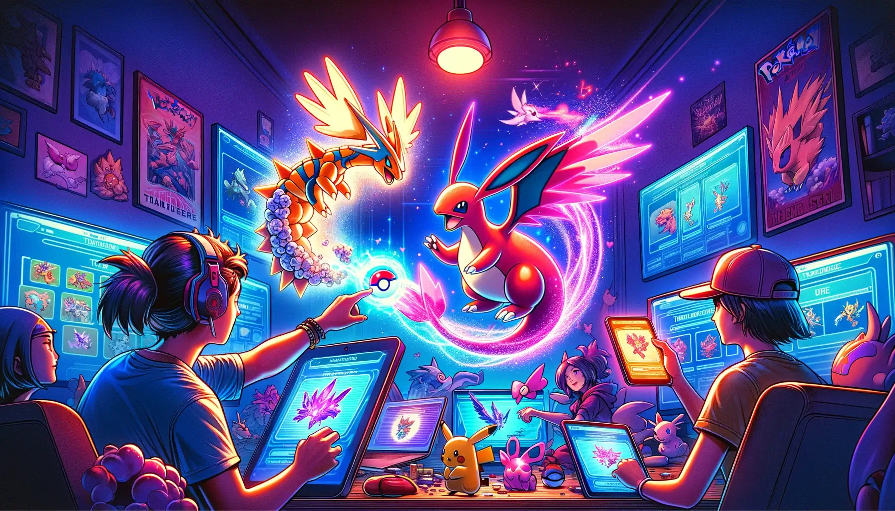 Pokemon Infinite Fusion Trade Evolutions'. The image shows a vibrant scene of two players exchanging Pok