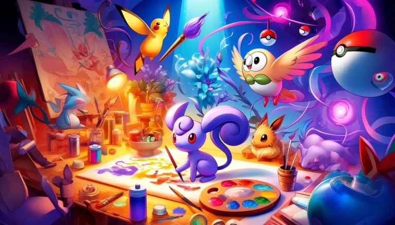 A creative and artistic interpretation of Pokémon Violet, focusing on the art-themed quests within the game. The image should showcase Pokémon - Pokémon Violet Art Answers