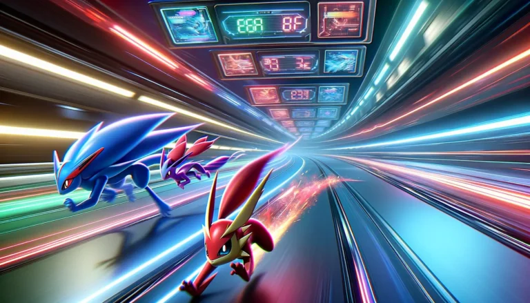 An exhilarating and dynamic scene showcasing the fastest Pokémon in Scarlet and Violet, racing across a futuristic racetrack. This image should capture - Fastest Pokémon in Scarlet and Violet