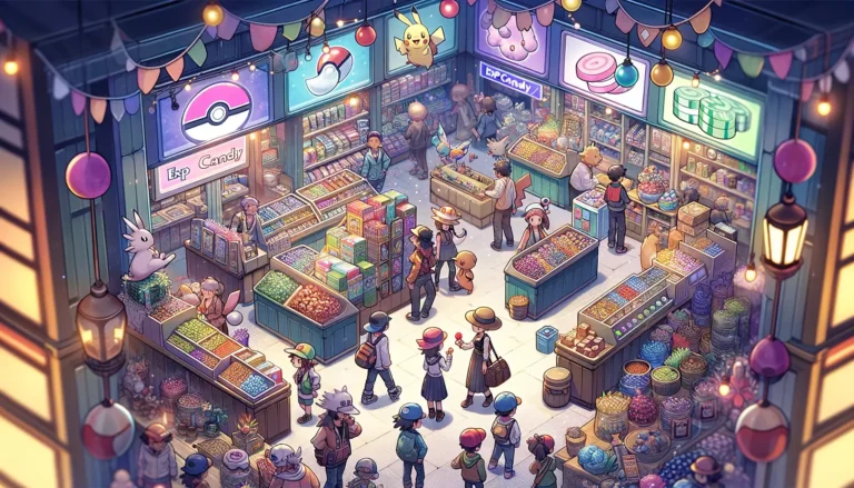 A detailed and informative scene depicting the concept of buying EXP Candy in Pokémon Violet. The image should include a Pokémon shop bustling - Can You Buy EXP Candy in Pokémon Violet