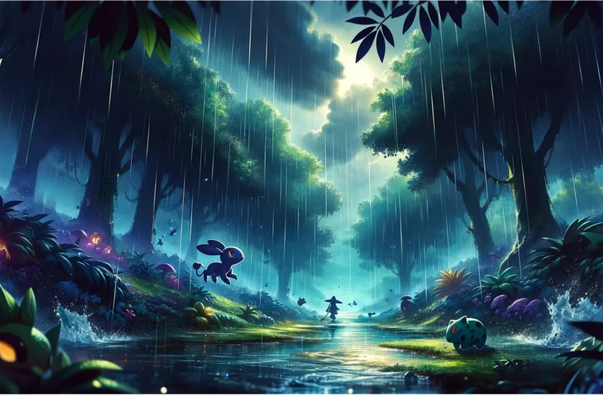 A moody and atmospheric scene illustrating where it rains in Pokémon Violet. The image should depict various Pokémon creatures roaming through a lush - Where Does It Rain in Pokémon Violet