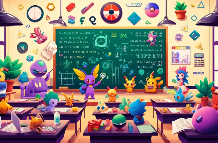 A whimsical and educational scene illustrating Pokémon Violet math answers. The image should depict Pokémon characters engaging in classroom-like actions - Pokémon Violet Math Answers
