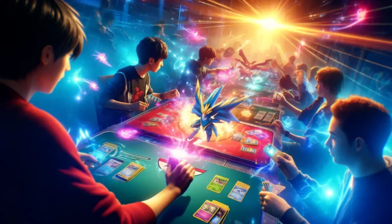A vibrant and dynamic scene showcasing Pokémon V Star cards. The image should capture a high-energy trading card game in progress, with players strategy - Pokémon V Star