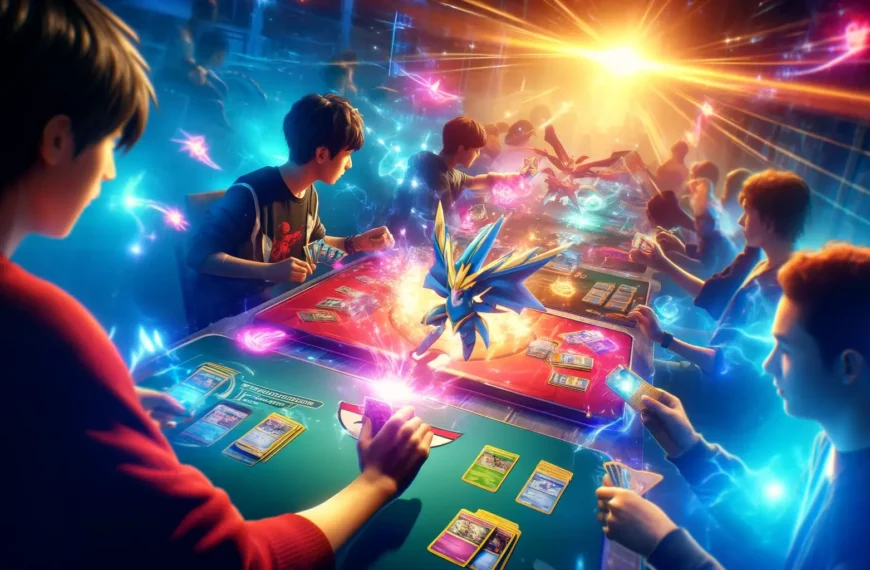 A vibrant and dynamic scene showcasing Pokémon V Star cards. The image should capture a high-energy trading card game in progress, with players strategy - Pokémon V Star