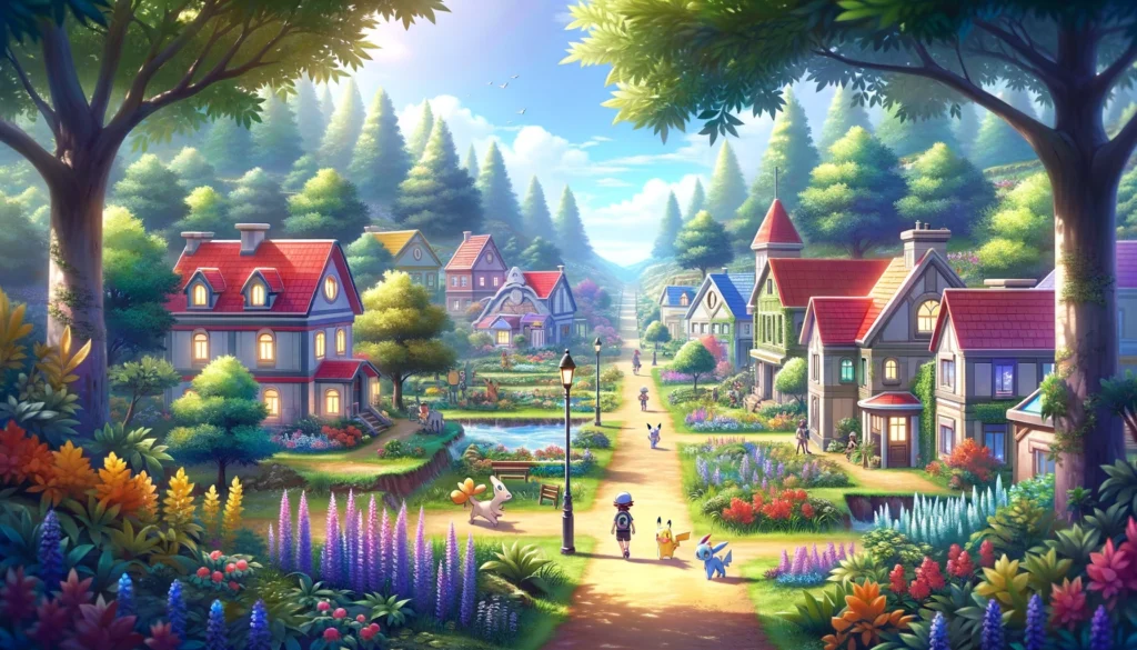 A serene and beautiful scene showcasing Pokémon Scarlet and Violet's new environment, focusing on a peaceful town surrounded by nature. Is Pokémon Scarlet and Violet Worth It?