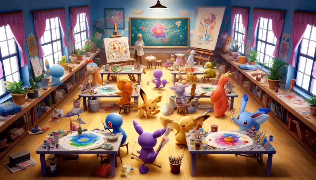 An imaginative depiction of a Pokémon art classroom in Pokémon Violet, featuring Pokémon creatively engaging in painting and sculpting. Pokémon Violet Art Answers