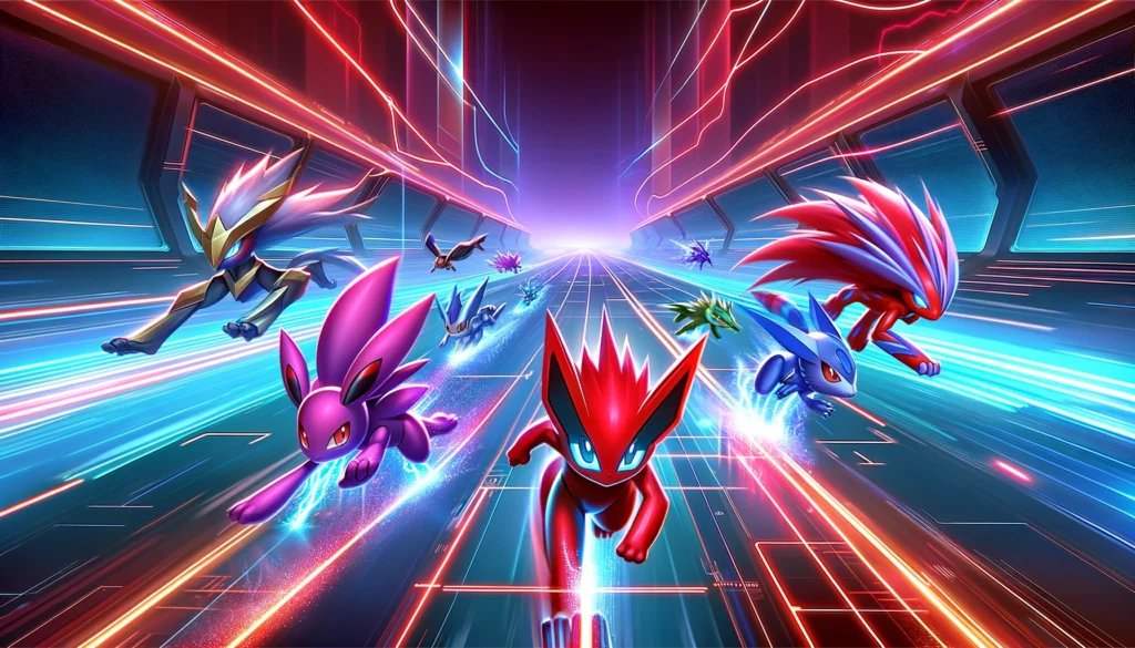 A dynamic scene capturing a high-speed Pokémon race in Scarlet and Violet, showing several Pokémon sprinting across a futuristic landscape. Fastest Pokemon in Scarlet and Violet