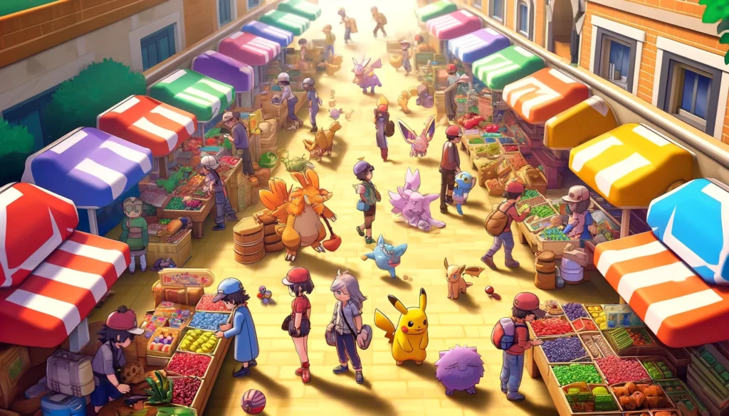 A bustling Pokémon market scene in Pokémon Violet, depicting various Pokémon and trainers buying and selling items. The marketplace should be vibrant - Can You Buy EXP Candy in Pokémon Violet