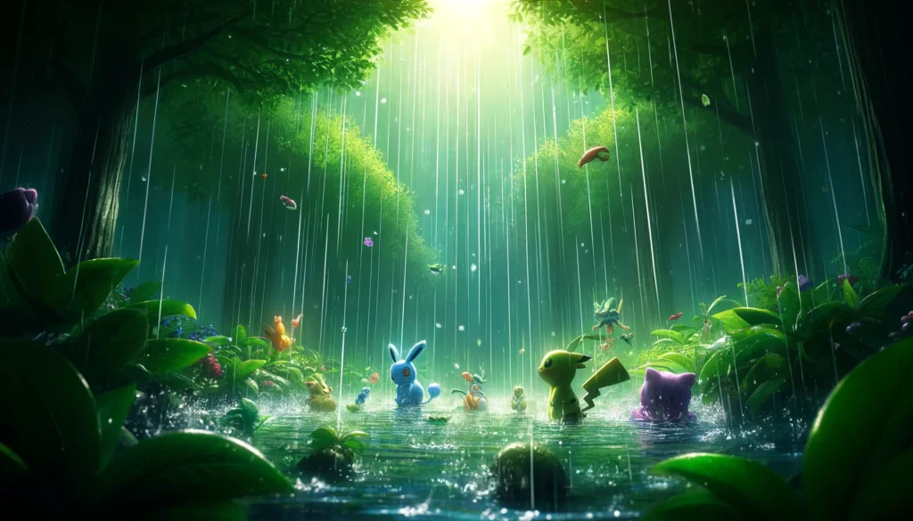 A captivating scene showing where it rains in Pokémon Violet, featuring Pokémon enjoying the rain in a lush, green forest. This image should capture - Where Does It Rain in Pokémon Violet