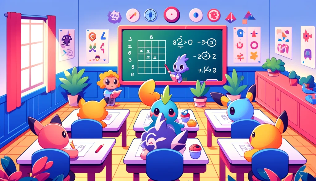 A playful and colorful classroom scene from Pokémon Violet featuring Pokémon solving math puzzles. The image should depict a bright and engaging - Pokémon Violet Math Answers
