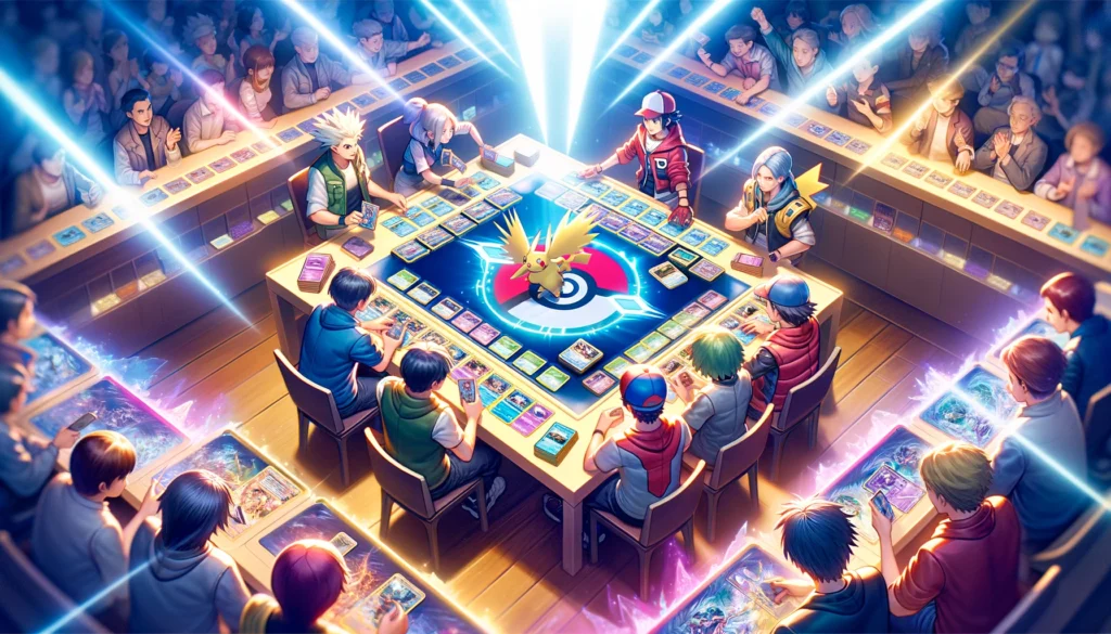 An exciting and strategic scene from a Pokémon V Star card game, showing players engaged in a high-stakes match. Pokémon V Star