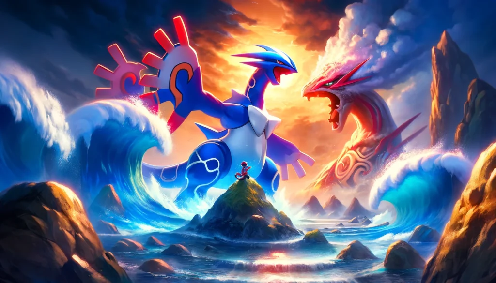 A vibrant and action-packed scene from Pokémon Sapphire, showcasing a legendary battle between Kyogre and Groudon. Pokémon Sapphire best game