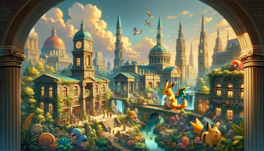 A richly detailed and evocative scene depicting the world of Pokémon HeartGold, featuring iconic locations like the Goldenrod City and the Bell Tower - Pokémon HeartGold Best Game