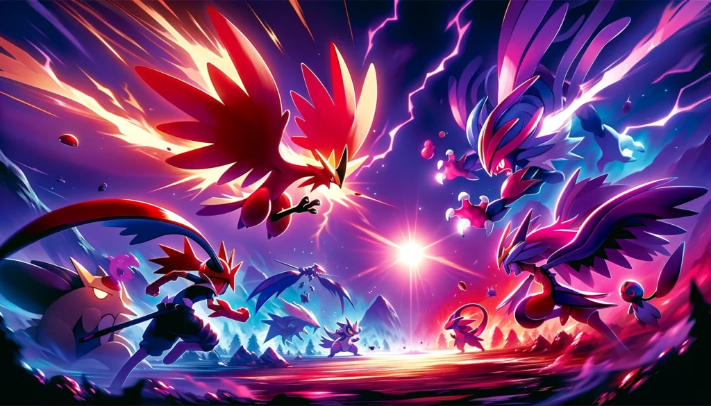 A vibrant and dynamic illustration of a Pokémon battle in Scarlet and Violet, featuring a dramatic showdown between new legendary Pokémon. Is Pokémon Scarlet and Violet Worth It?