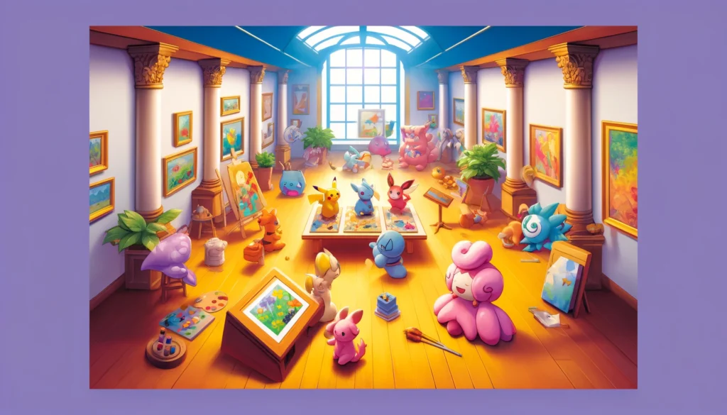An artistic and colorful scene depicting Pokémon engaged in art-related activities within Pokémon Violet, featuring a whimsical art gallery setting. Pokémon Violet Art Answers