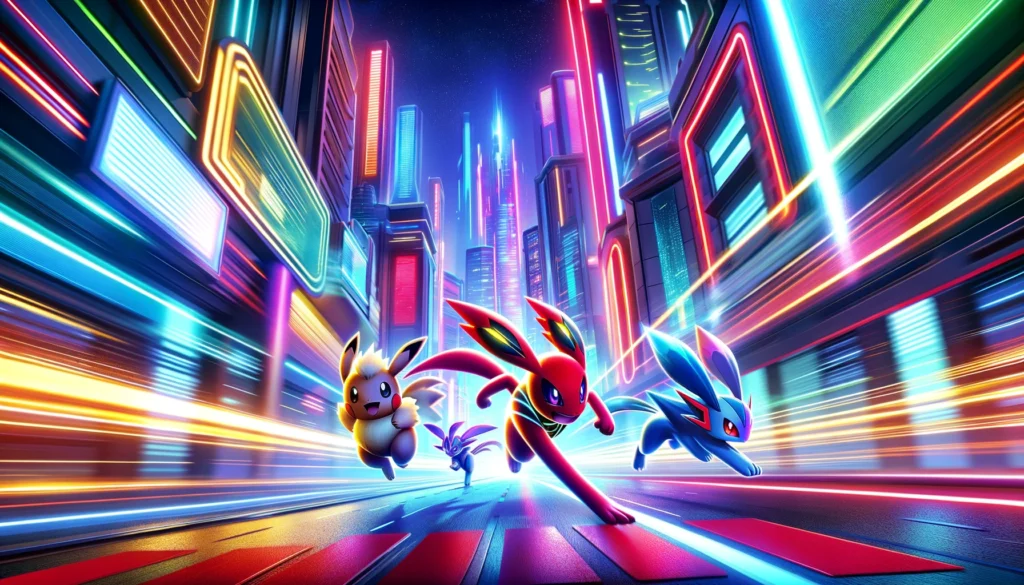 A high-energy scene depicting a Pokémon race in Scarlet and Violet, showing Pokémon dashing through a futuristic cityscape. Fastest Pokemon in Scarlet and Violet