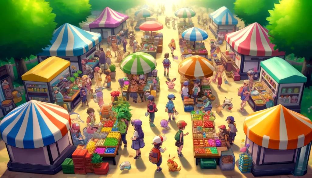 A bustling scene at a Pokémon market in Pokémon Violet, showing a vibrant and busy market day with trainers and Pokémon engaging in commerce. Can You Buy EXP Candy in Pokémon Violet?