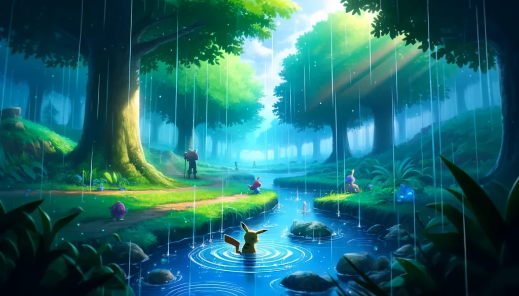 A serene and atmospheric depiction of where it rains in Pokémon Violet, featuring Pokémon interacting with the environment during a rainstorm. Where Does It Rain in Pokémon Violet?