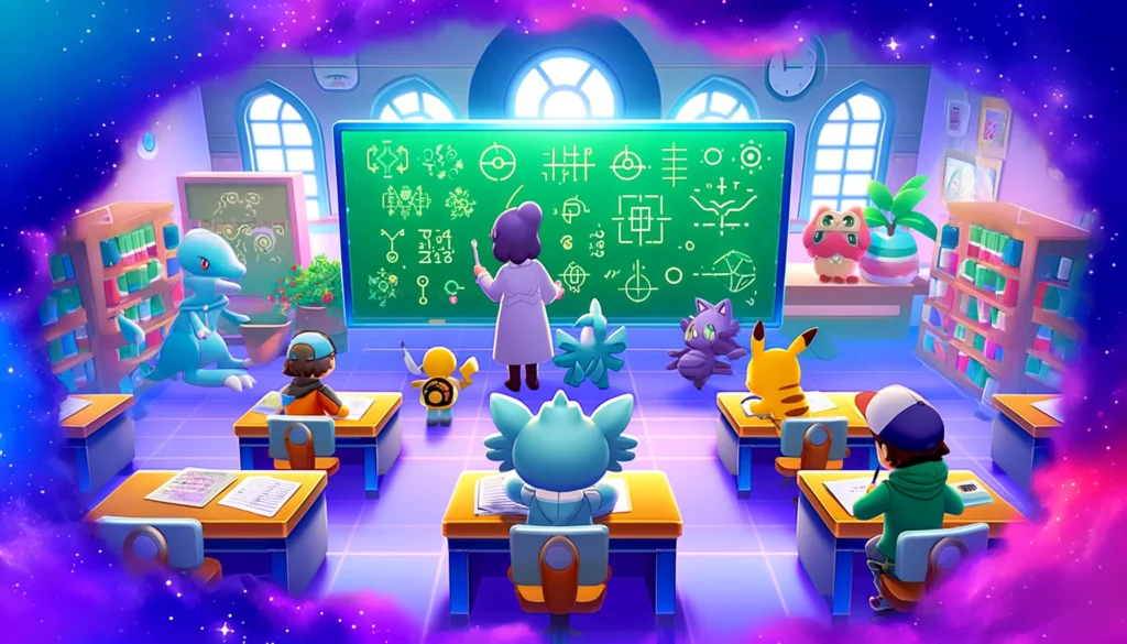 A vibrant and educational classroom setting in Pokémon Violet, depicting Pokémon engaged in solving math puzzles. Pokémon Violet Math Answers