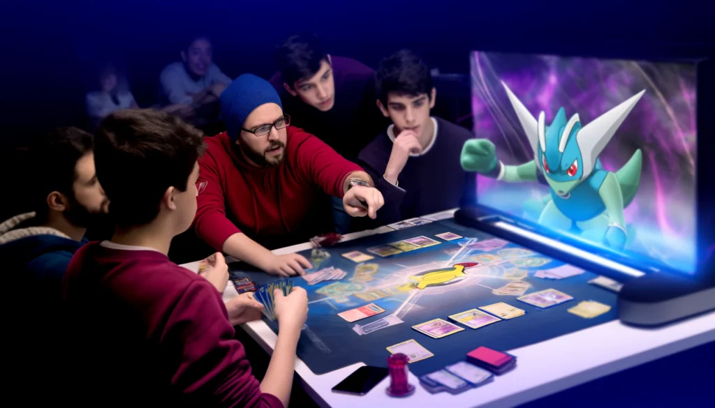 An engaging and strategic scene of a Pokémon V Star card game match, showcasing players and spectators gathered around a game table.