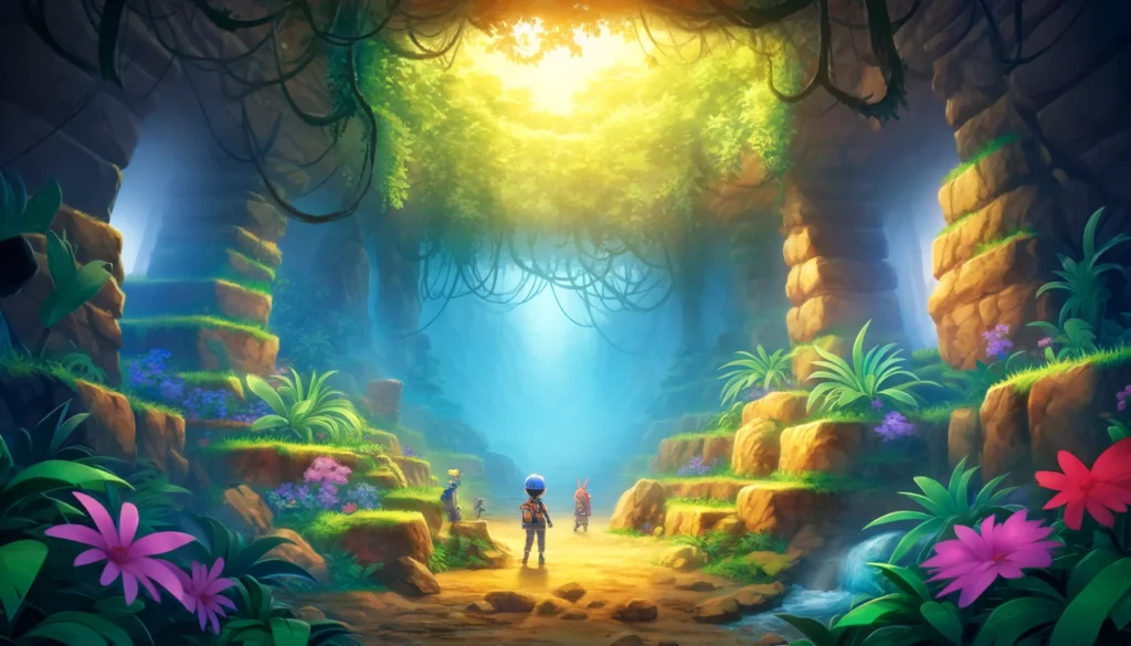 An immersive and adventurous scene depicting a secret area in the best 3DS Pokémon games, filled with rare Pokémon and hidden treasures.