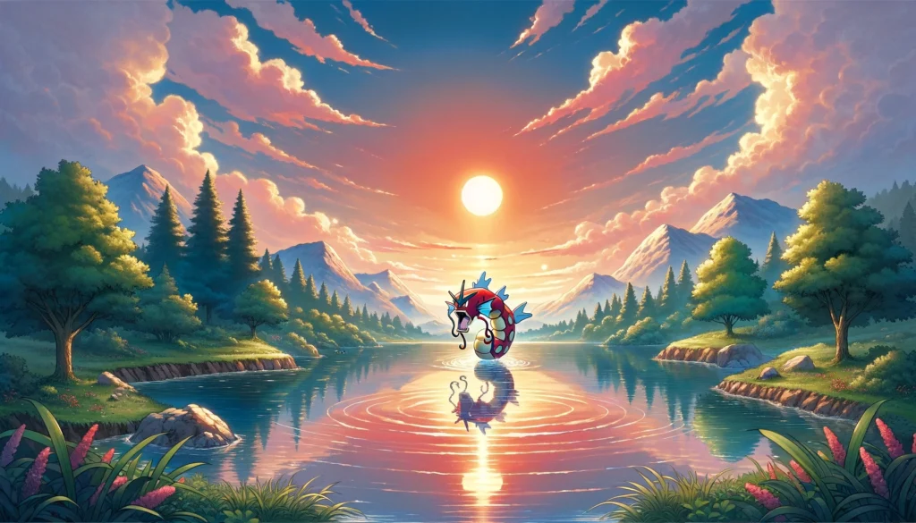 A serene and picturesque scene from Pokémon HeartGold, depicting a tranquil evening at the Lake of Rage with the red Gyarados surfacing. Pokémon HeartGold best game