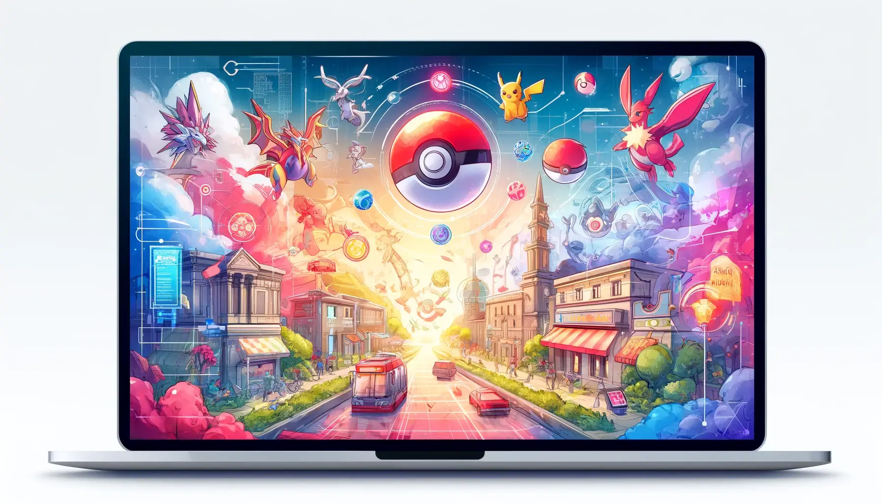 Create an artistic digital image for a blog header, illustrating the 'Pokémon Scarlet and Violet Interactive Map'. The artwork should feature elements