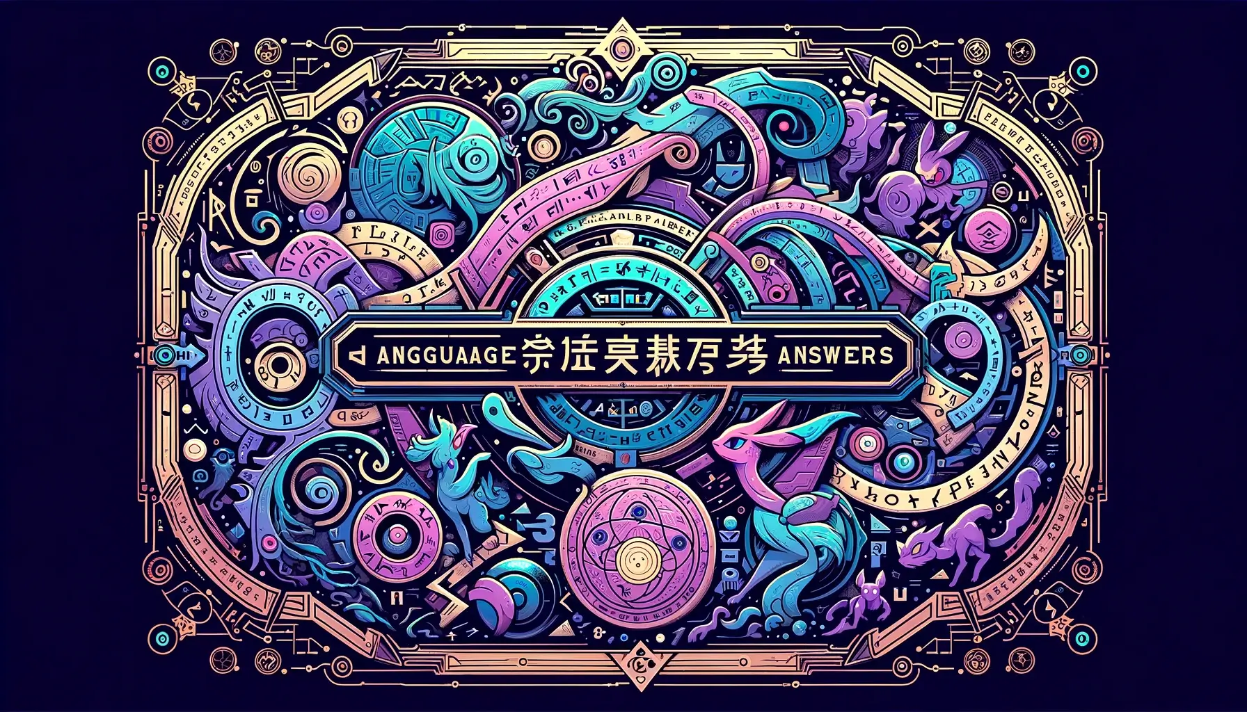 An engaging and informative digital artwork for a blog header, featuring the topic of 'Pokémon Violet Language Answers'. The design should incorporate - Pokémon Violet Language Answers