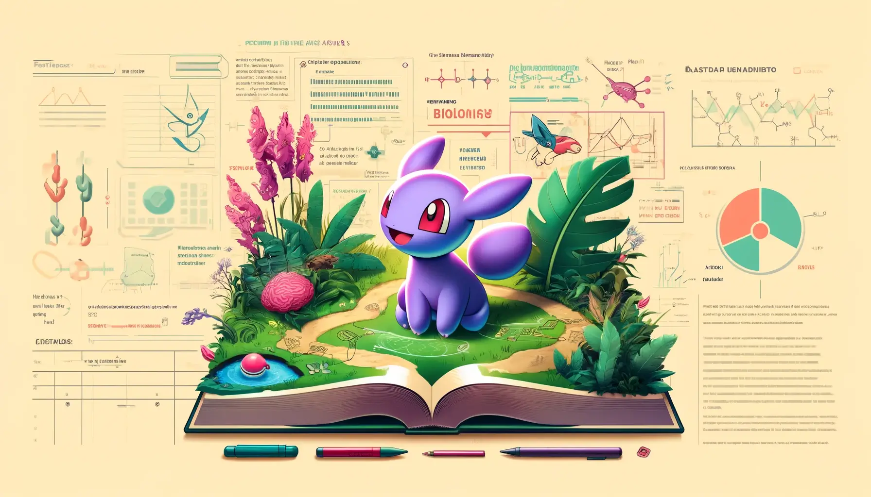 A creative and educational digital artwork for a blog header, illustrating the 'Pokémon Violet Biology Answers'.