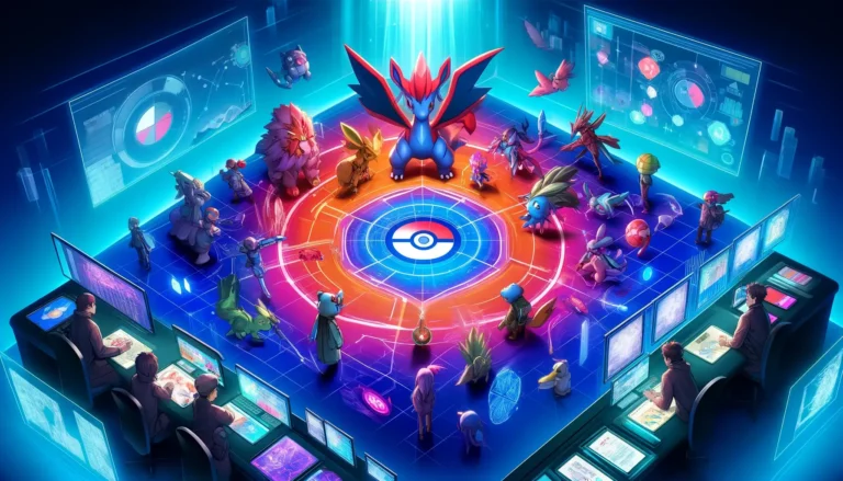 A visually striking digital artwork for a blog header, centered around the theme 'Pokémon Scarlet and Violet Team Builder'.